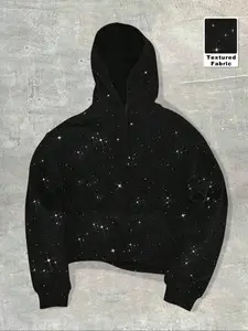 Men's Heavyweight Fleece Loose Long Sleeve Fabric Hoodie Sweatshirt, Silver Color Sequins Craft, Kangaroo Pocket, Drawstring Casual Hooded Top for Fall & Winter, Menswear