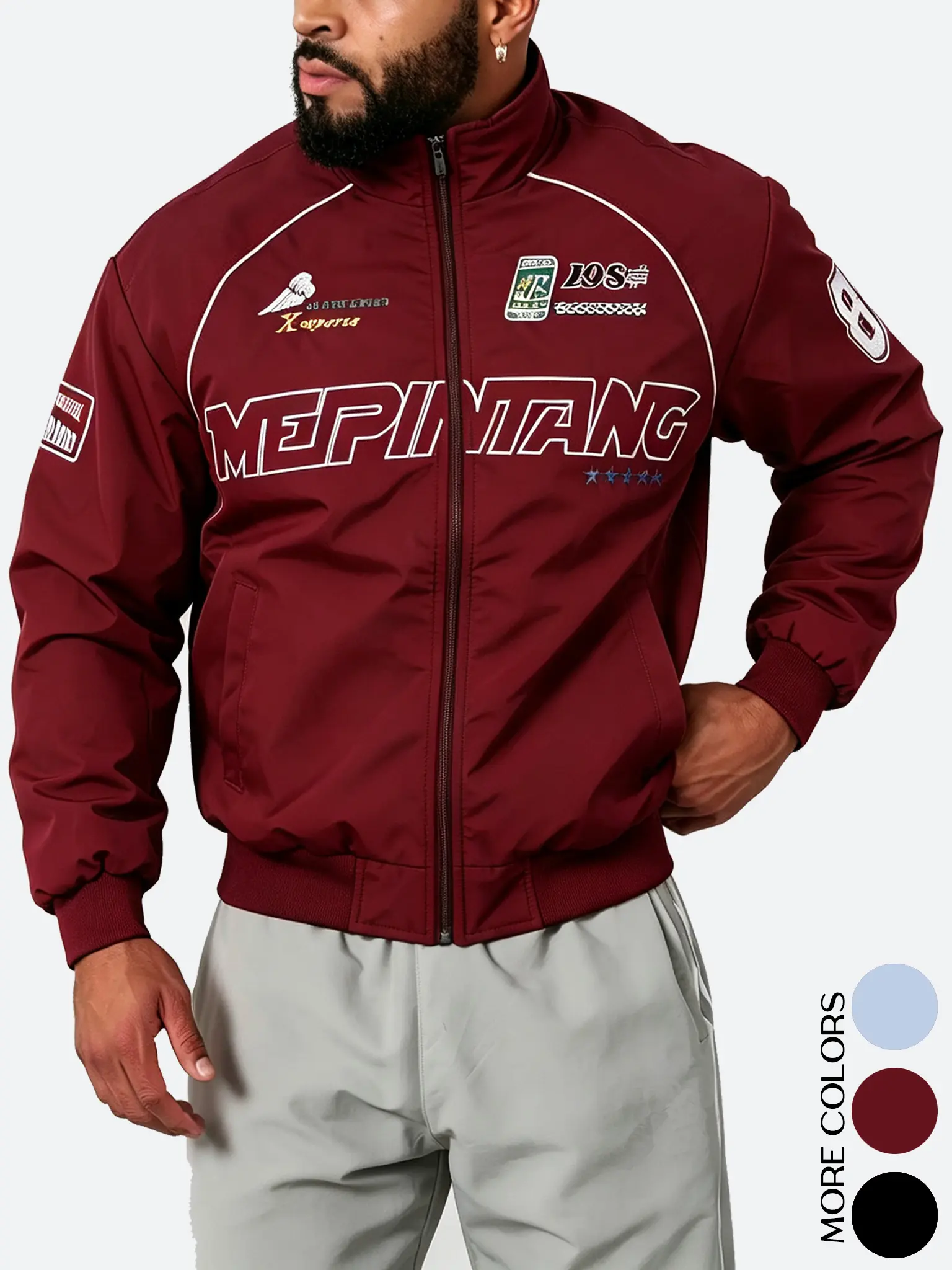 Men's Casual Letter-Print Racing Jacket, Stylish Long Sleeve Stand Collar Coat, Windproof Outerwear for Street and Campus Wear, Menswear, Coats, Tops, Letters Plain