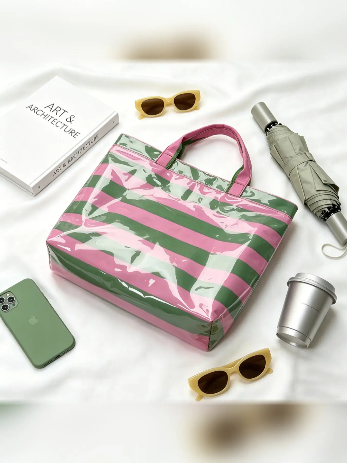 2026 New Glossy PVC Handbag, Waterproof Large Capacity Striped Tote Bag, Daily Use Bag, Casual Beach Bag for All Seasons, Versatile and Stylish Bag