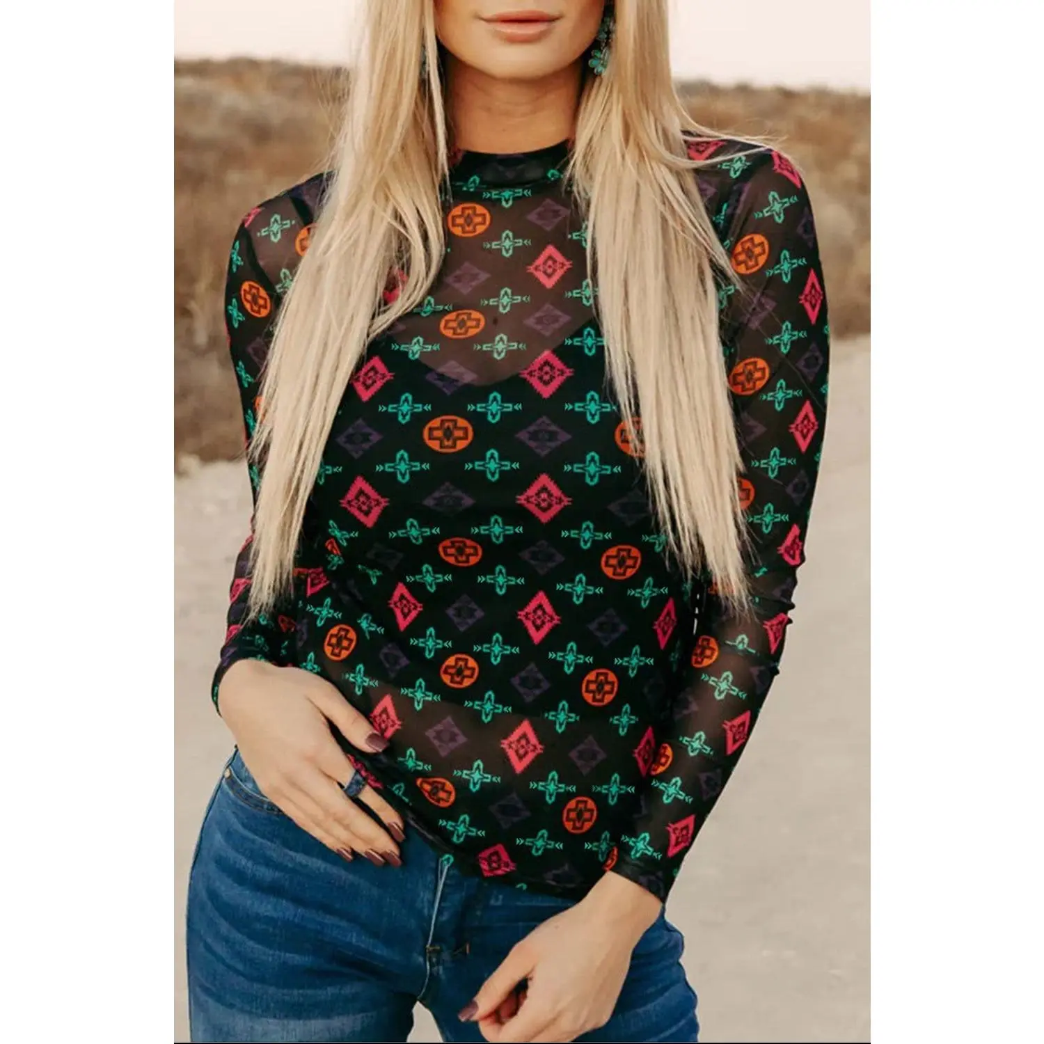 Women's Western Aztec Geometric Print Sheer Mesh Longsleeves Slim Cut Blouse - Lady Size Women's Tops for Going Out, Country Style Shirt