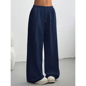 Women’s solid-color drawstring-waist wide-leg loose casual sweatpants for graduation and back-to-school outfits; teacher outfits for women; navy blue fabric; minimalist wide-leg basic cotton bottoms