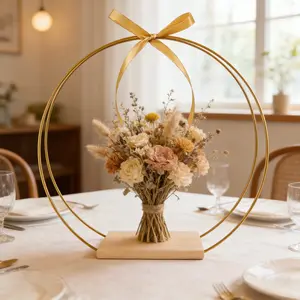 1 Set Gold Metal Wreath Tabletop Ornament - with Wood Base for Wedding, Party & Home Dining, Decorative Floral Stand