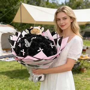 Mother's Day Gift 24/36 DIY Glitter Artificial Rose & Cow Plush Bouquet, Handmade Forever Rose Flower Bouquet for Mom, Perfect for Birthday Wedding Valentine All Special Occasions