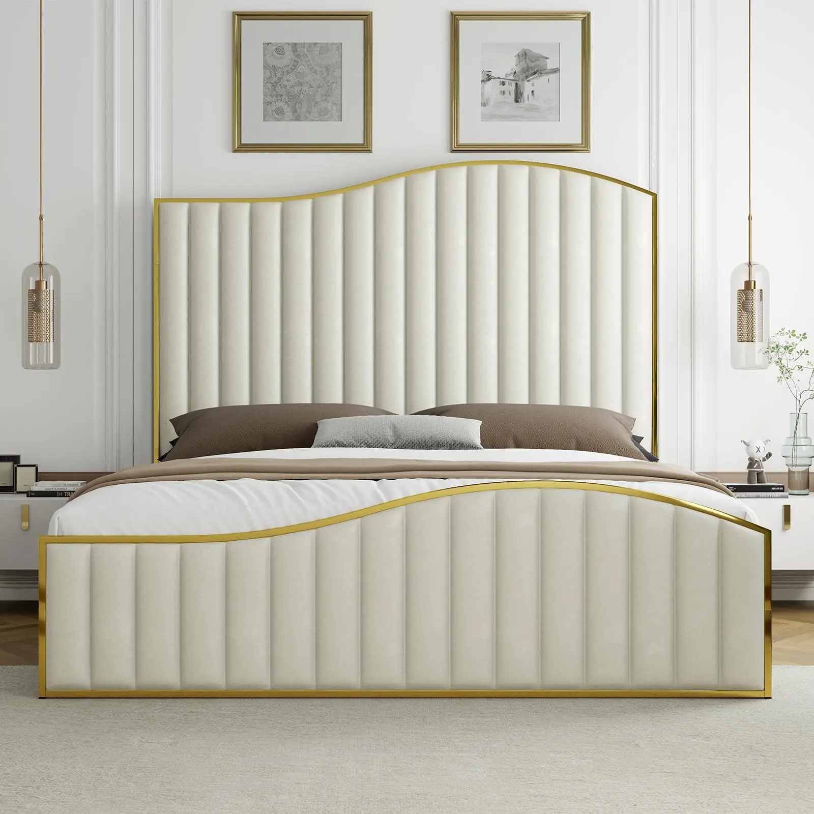 [SummerSale]Amerlife Modern Sturdy Platform King Size Bed Frame - Velvet Upholstered with Golden Plating Trim, Vertical Channel Headboard & Footboard, No Box Spring Needed, Modern Bed Frame, Sturdy Platform Bed