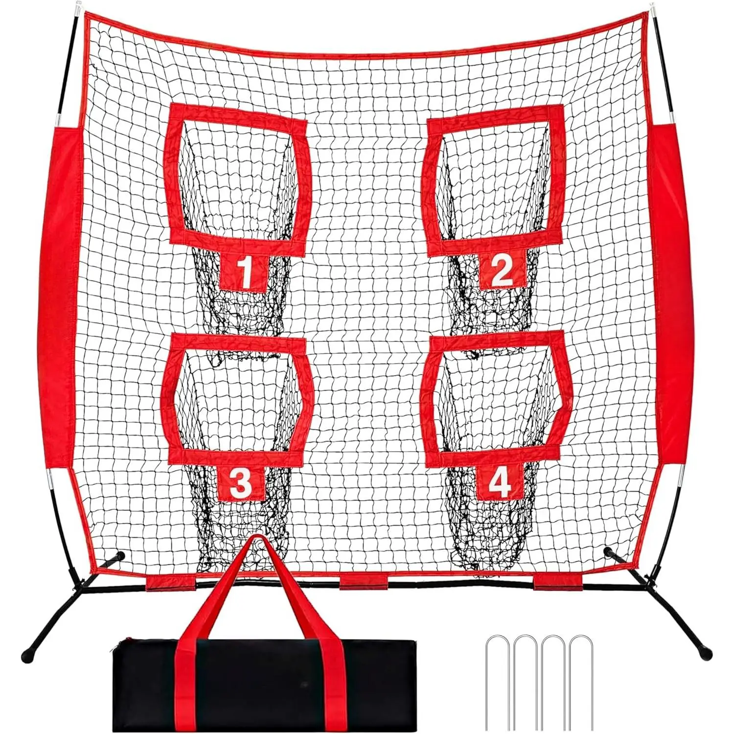 6x6 ft Football Trainer Throwing Net,  Target Practice with 4 Targets, Includes Carry Bag and Ground Stake, Black and Red,  for  and Youth