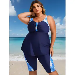 Women's 2026 New Plus Size Navy Floral Tankini Swimsuit - U-Neck Ruched Mesh Tank Top with Sport Bra, Knee-Length Bottoms, for Beach Vacation & Modest Slimming Casual Wear, Chic Design, Swimsuit Plus Size