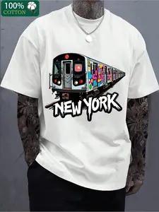 New York Subway Graffiti Print T-Shirt, 100% Cotton Breathable Crew Neck Short Sleeve Casual Top, Machine Washable for Outdoor Daily Wear
