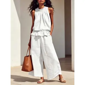 Women's Summer Solid Color Casual Retro Boho Bohemian Ruffle Cotton Linen Sleeveless Top and Pants Two-Piece Set, Comfortable, Breathable and Stylish