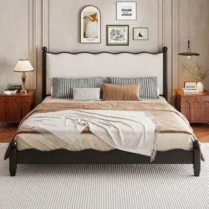 King Size Platform Bed with Upholstered Headboard, Wooden Bed Frame with Sturdy Slats, No Box Spring Needed, Black Frame+Beige Fabric