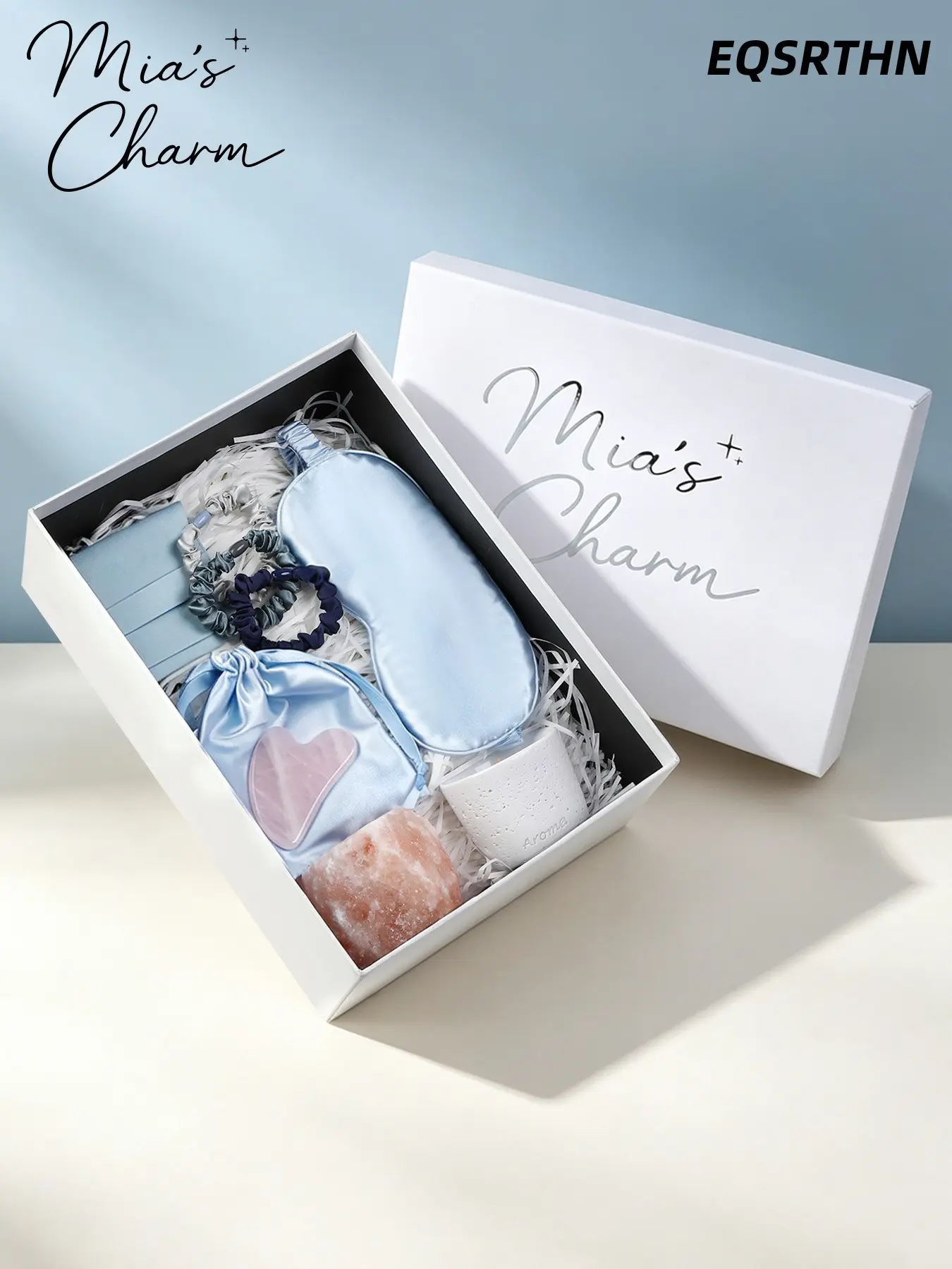 Mia's collection - self-care kit, Pampering spa gift set, self-care relaxation spa hair accessory set including sleep eye mask, rose quartz scraping board, Himalayan salt candle holder, aromatherapy candle, small intestine hair ring and storage bag