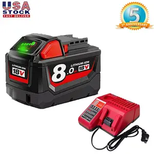 18 Volt 8.0Ah High Capacity Replacement for Milwaukee 18V Battery Lithium and Charger Combo Compatible with Milwaukee 18V Battery 48-11-1850 48-11-1852 48-11-1820 48-11-1828 48-11-1830