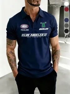 Men's American Casual City Slogan Slim Fit Polo Shirt, Deep Blue Streetwear Polo Style, Daily Commute Men's Top