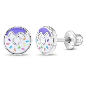 Frosted with Sprinkles Donut Kids / Children's / Girls Earrings Screw Back Enamel - Sterling Silver