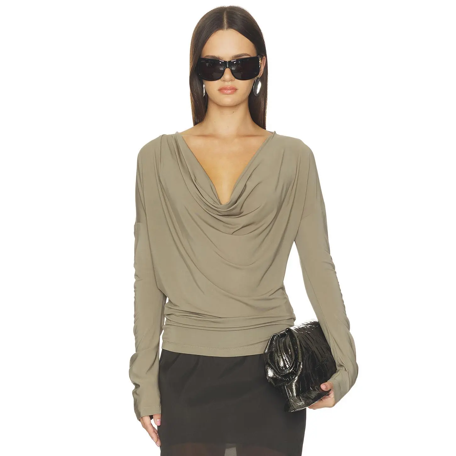 Helmut Lang Cowl Long Sleeve Top in Fallen Rock