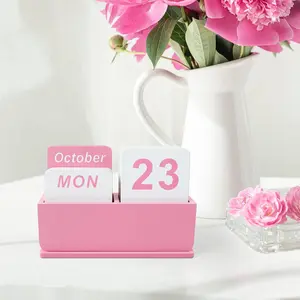 Wooden Block Perpetual Calendar for Desk, Daily Desktop Standing Flip Calendar with Large Display, Modern Farmhouse Aesthetic Desk Accessories for Home Office Decor, Reusable Yearly, Pink
