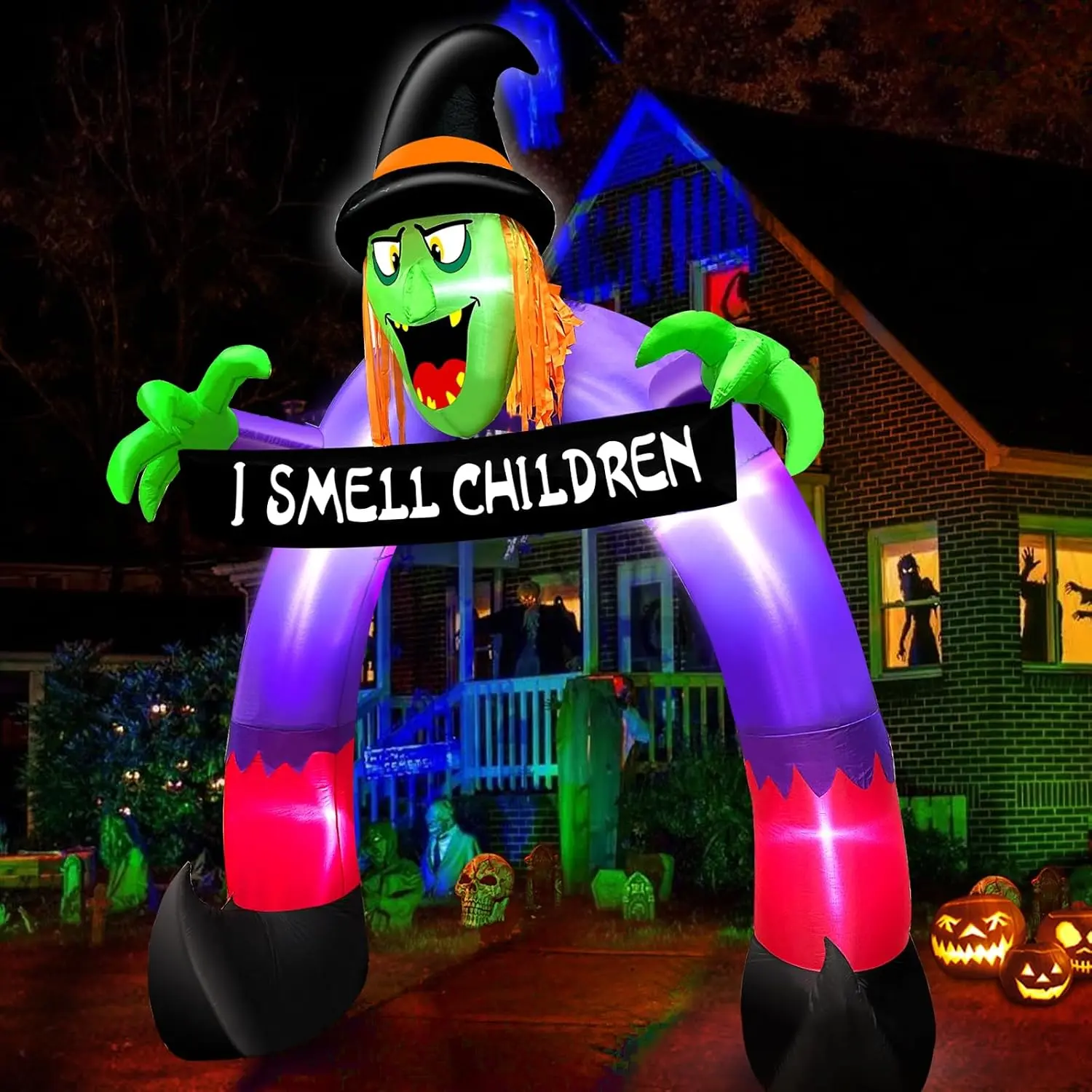 TURNMEON 8Ft Halloween Inflatables Outdoor Decorations Scary Witch Holds Banner Archway Inflatable Halloween Blow Up Build-in LED Lights Halloween Decor Yard Garden Arch Lawn Party Home Outsidespooky season decor, spooky yard decor, halloween yard decor,