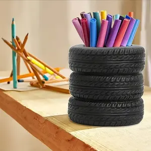 Fun Tire Shaped Pen Holder, Pen Stand, Durable PVC Desktop Storage Box, Letter Pattern, Ideal for School and Office Supplies