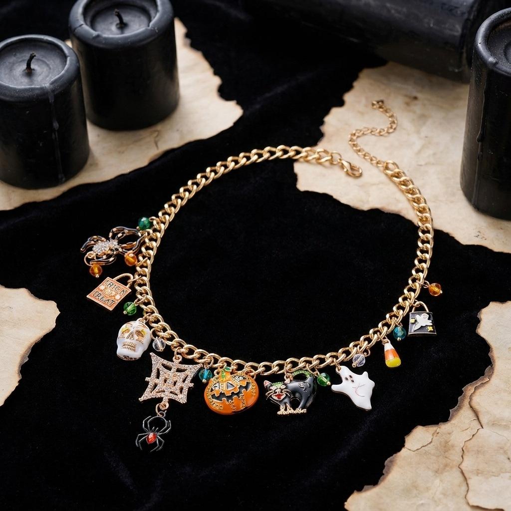 QIMENGLAI Women's Halloween Rhinestone Clavicle Necklace - Sparkly Crystal Spider Ghost Pumpkin Skull Pendant Festival Jewelry with Birthstones Bubble Initial Opalite Dainty Heart Name for Girlfriend Birthday Gifts
