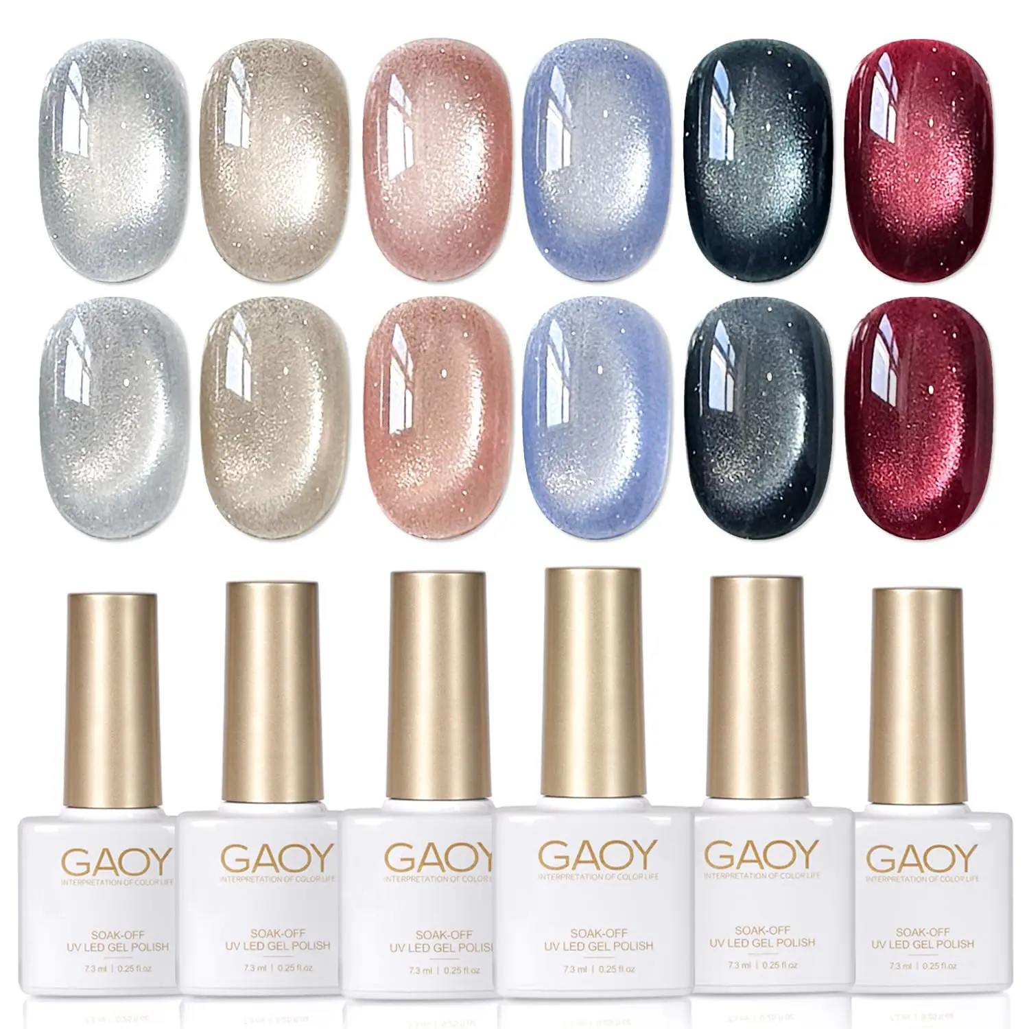 GAOY Holographic Glitter Cat Eye Gel Polish Set of 6 Colors with Free Magnet Holiday Gift Pick UV LED Soak Off Nail Polish Home DIY Manicure Nail Salon Varnish