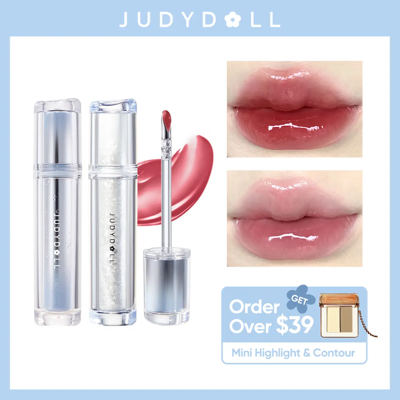 JUDYDOLL Ice Watery Lip Gloss, Mirror Lip Glaze, Glossy Lip Stain, Transfer-Proof, Metal Applicator, Waterproof, Long-Lasting, Moisturizing, Liquid Li