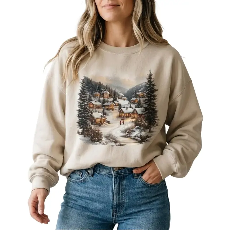 #MF - Retro 90s Christmas Winter Village Cotton Pullover Sweatshirt