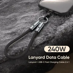 240W USB-C Fast Charging Phone Lanyard 7mm Nylon Crossbody Wrist Strap Lanyard Data Cable 2 in 1 Smartphone Cellphone Flexible Travel Charger