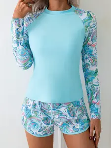 Two Piece Set Women's Casual Knitted Fabric Contrast Binding Drawstring Knot Tankini Set for Beach Vacation Summer Baby Blue High Stretch Shorts rash guard bikini