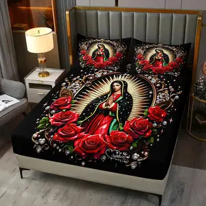 Guadalupe Virgin Theme Print Fitted Sheet Set, 1 Fitted Sheet & 2 Pillowcases, Rose Diamond Surround, Soft Breathable Fabric, Religious Bedroom Decor, Durable Bedding Accessories, Decorative Bedsheet Sets
