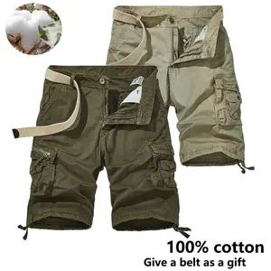 Men’s 100% cotton cargo shorts with multiple pockets, set of 2; comfortable, moisture-wicking, wrinkle-resistant and retains shape; includes belt. Casual beige summer shorts—essential for everyday wear, suitable for men and men’s denim shorts (jorts).