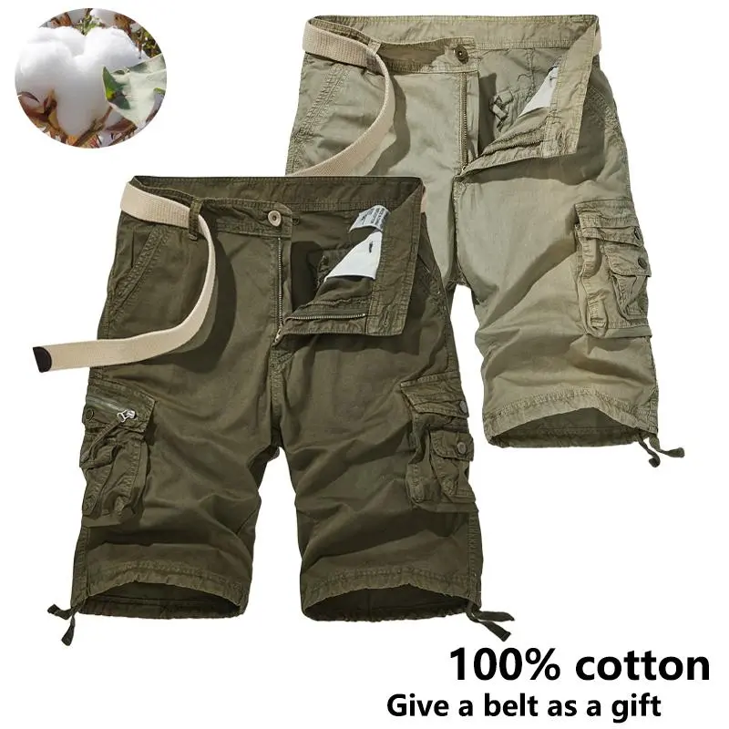Men’s 100% cotton cargo shorts with multiple pockets, set of 2; comfortable, moisture-wicking, wrinkle-resistant and retains shape; includes belt. Casual beige summer shorts—essential for everyday wear, suitable for men and men’s denim shorts (jorts). sum