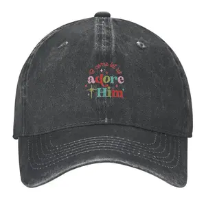 "O Come Let Us Adore Him" Vintage Washed Black Dad Hat Retro Christian Apparel Aesthetic Faith Based Baseball Cap Jesus Lover Worship Gift Faded Distressed Cotton Y2K Trendy Church OOTD Unisex Graphic Hat
