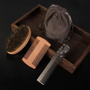 Men's Beard Brush Set, 4 Counts/set Beard Comb & Beard Brush & Storage Bag, Professional Beard Styling Tool Set for Men, Ideal Gift, Groomer Tools, Beard Grooming Tools, Beard Grooming Accessories