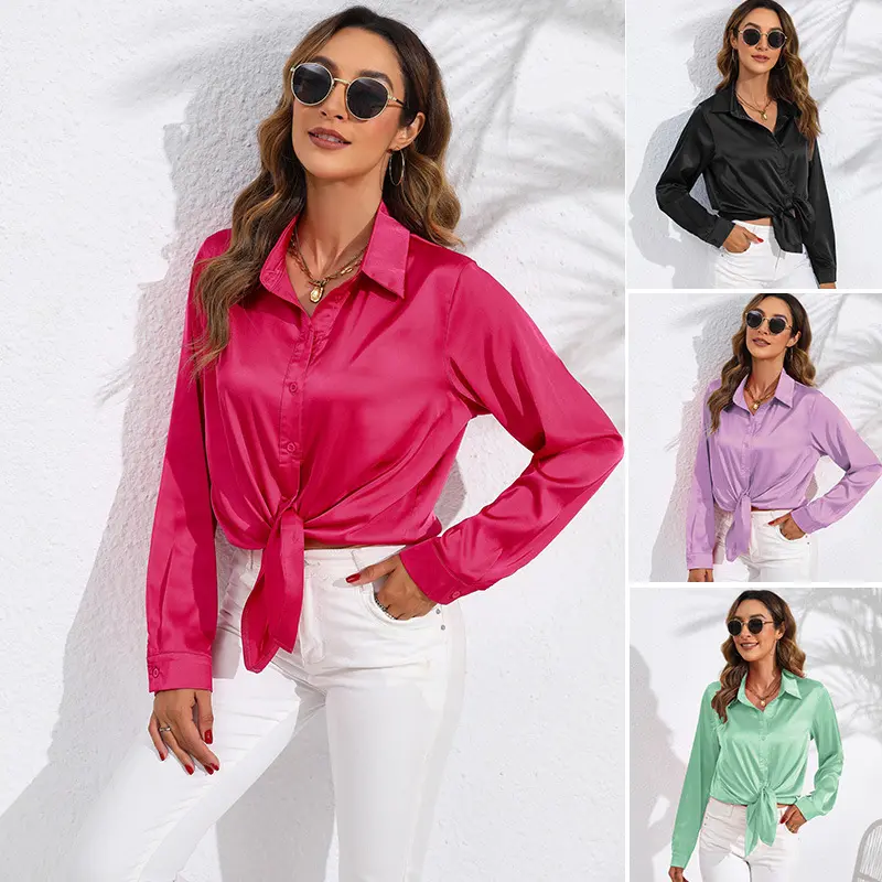Women's Basic Solid Color Polyester Satin Long-Sleeve Blouse, Longsleeves Shirts with Premium Fabric