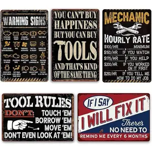 5-Piece Vintage Garage Tin Sign Set - Retro Mechanic Wall Art for Man Cave, Auto Shop & Garage - Funny Car Lover Decor - Perfect Gift for Boyfriend, Husband & Car Enthusiasts - 12x8 Inch Rustic Metal Signs
