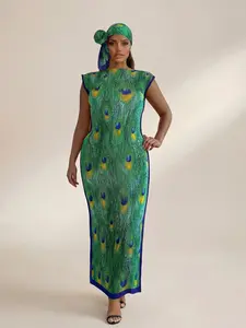 Women's Elegant Peacock Feather Print Wrap Dress Set, Slim-Fitting Long Robe Shawl + Silk Scarf, Beach Sun Protection, All Seasons