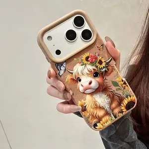 1 piece khaki cartoon highland cow sunflower butterfly pattern all-inclusive lens/simple/protective cover mobile phone case, suitable for iPhone 17/17Pro/17Promax/17Air/16/15/14/13/12/11/7/8/XR/XS/Plus/Pro/Pro max series, providing
