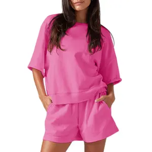 FMEYOA Womens 2 Piece Outfits Casual Oversized Cropped Sweatshirt and High Waist Running Shorts Tracksuit Sets