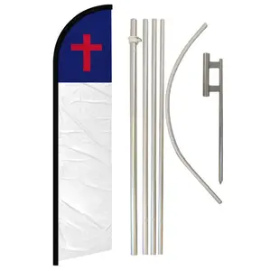 Outdoor Christian Windless Flag with Curved Sleeve, 11.5x2.5ft Polyester Banner, Complete Steel-Aluminium Pole Kit – Festive Party Backdrop for Home Supplies