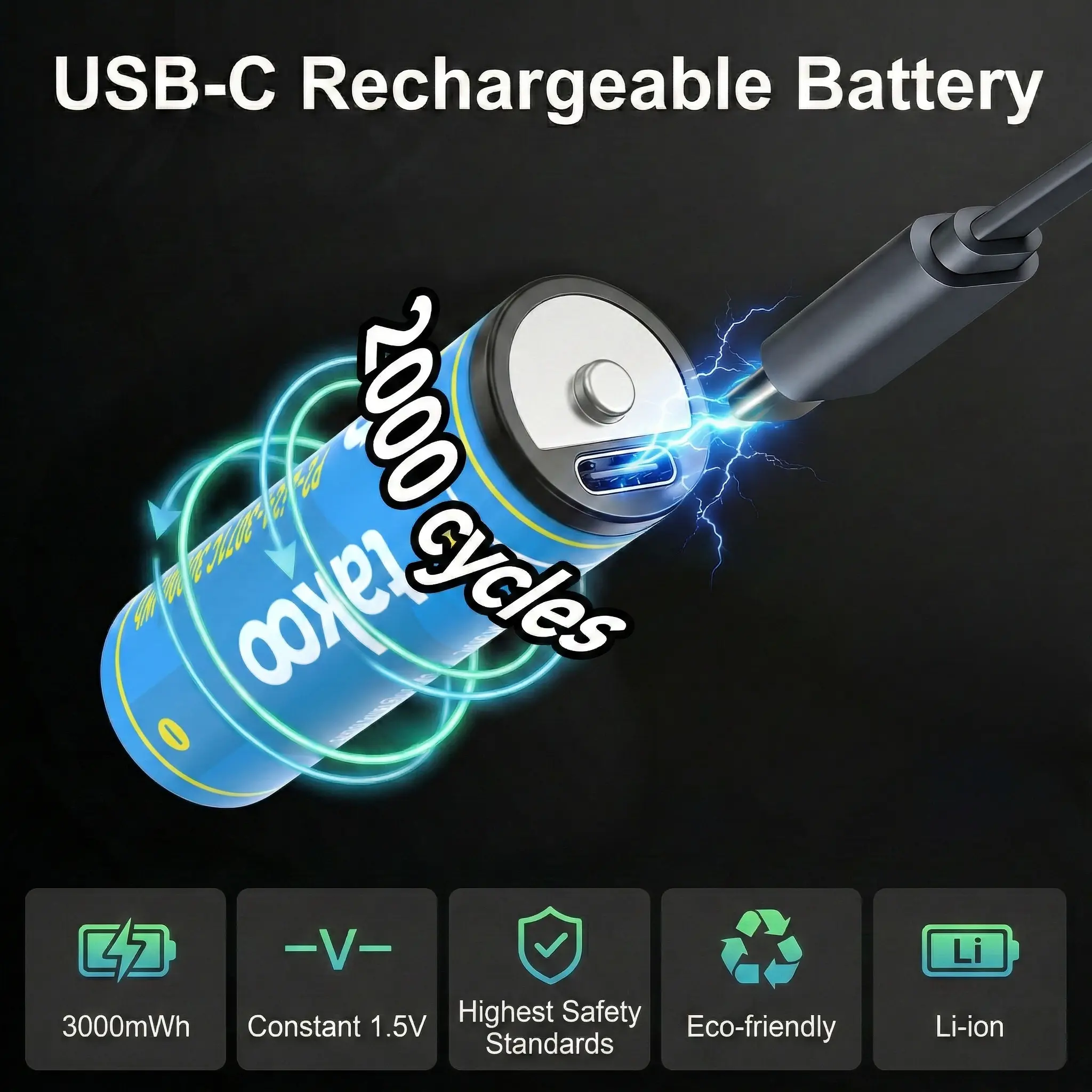 TAKOO Li-ion 1.5V USB-C, Type-C AA/AAA Batteries 4/8 Pack, 3000mWh Rechargeable Double A/Triple A Battery, 1.5H Fast Charge, 2000+ Cycles, for Blink Outdoor Xbox Charging