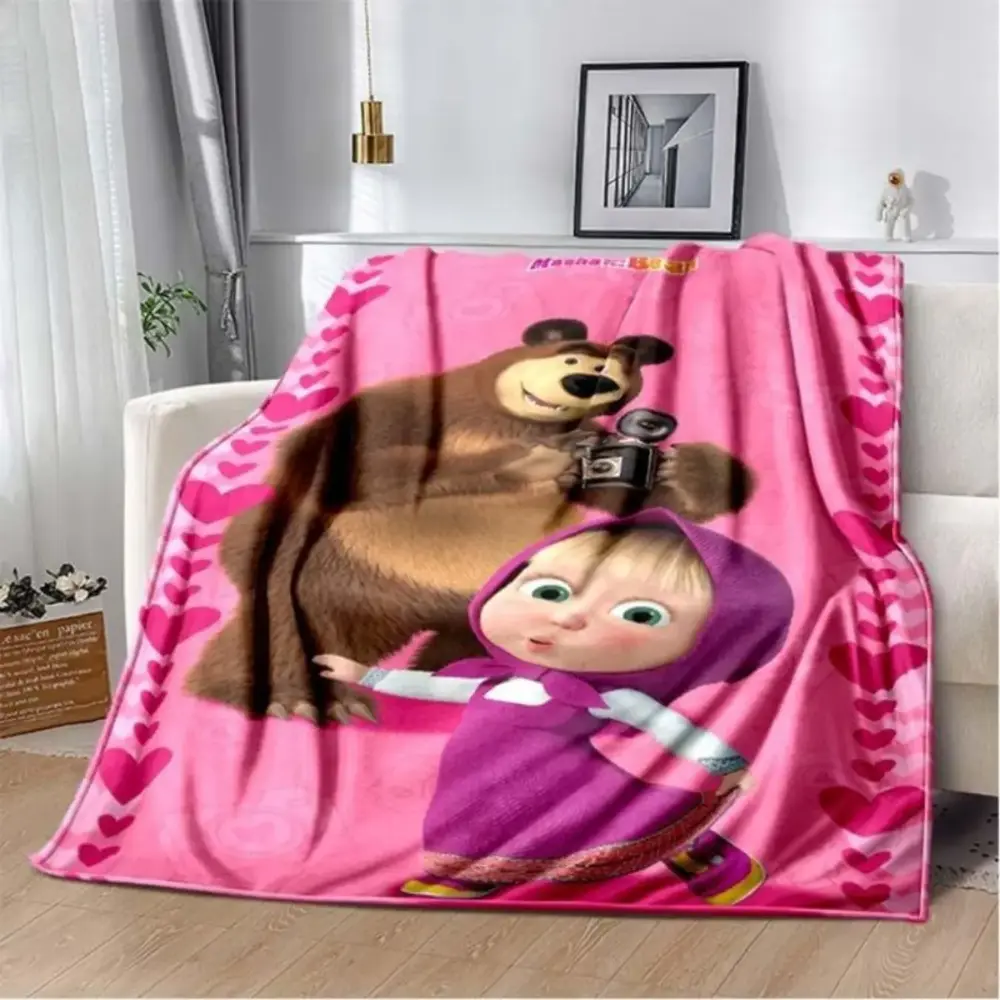 3D Masha and Bear Plush Flannel Blanket for Daughters - Cute Cartoon Pattern Blanket, Single-Sided Soft Warm Bedding, Bedroom Nursery Decor, Thoughtful Gift with Plush Texture