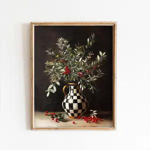 Kensington Checkered Vase With Winter Foliage Art Print