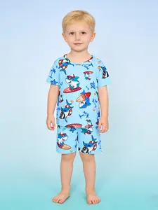 Unisex Short Pajama Set, Sunglasses Shark Print, Casual Fitted Sleepwear, Animal Pattern, Daily Wear, Boys & Girls