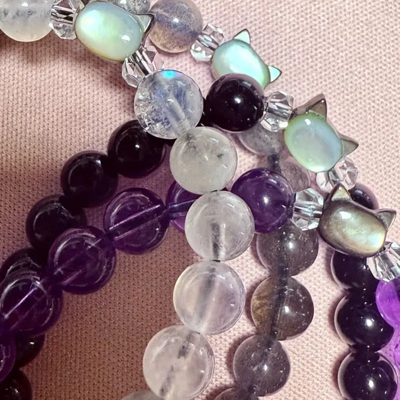 Kitty Natural Stones Beaded Bracelet Handmade with Clear Quartz & Kitty Bead Designs Unique Crystal Gemstone Jewelry