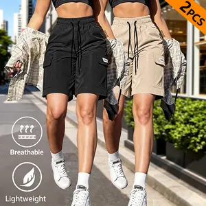 2-pack women’s summer fashion casual solid-color cargo shorts with drawstring waist, American street style, minimalist design with multiple pockets, suitable for outdoor leisure, sports, everyday fashion outfits, etc.