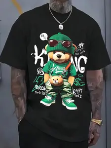 Men's Bear Print Round Neck Tee, Regular Fit Casual Fashion Short Sleeve T-shirt for Summer, Men's Top for Daily Wear, Tropical