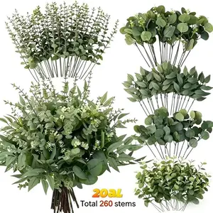260 Artificial Mixed Eucalyptus Branches, 5 Types Realistic Greenery Leaves, Plants, Bulk Pack, Decorative, Ideal for Vases, Wedding Bouquets, Home Decor