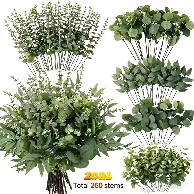 260 Artificial Mixed Eucalyptus Branches, 5 Types Realistic Greenery Leaves, Fake Plants, Bulk Pack, Decorative, Ideal for Vases, Wedding Bouquets, Home Decor, Faux Floral Arrangements, DIY Bouquet Arrangement