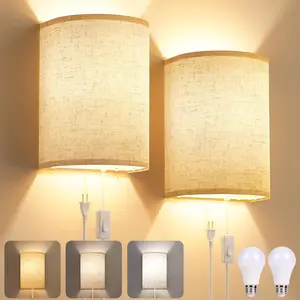 Plug in Wall Sconces Set of Two: Wall Lights with /Off  - Stepless Color Temperature Wall Mount Lamps - Fabric Linen Wall Sconce for Bedroom Living Room & Hallway- Indoor Corded Wall Sconces
