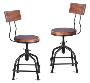 Vintage Bar Stools with Wooden Backrest-Set of 2 Industrial Counter Stool- Farmhouse Breakfast Chair- Retro Coffee Stool for Kitchen Living Room-20-26inch Height Adjustable with Swivel Wood Seat