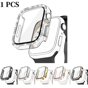 1pc Men Women Shiny Rhinestone Decor Fashionable Glamorous Anti-fall 2 In 1 Ultra-Thin Tempered Glass Screen Protector Watch Case, For Apple Watch Case 38/40/41/42/44/45/46Mm, For Apple Watch Series SE/11/10/9/8/7/6/5/4/3/2/1, Watch Screen Cover